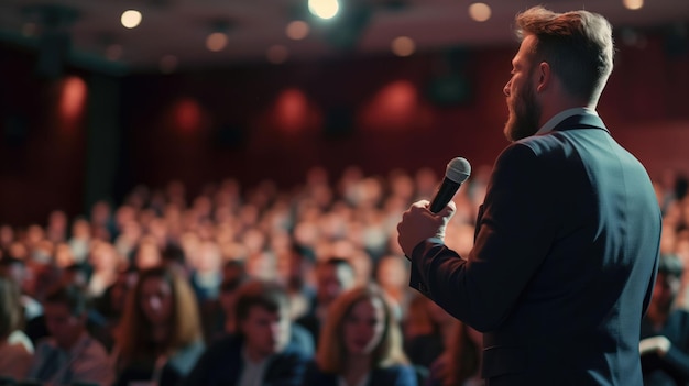 Orador confiante apresentando para uma audiência em uma conferência profissional