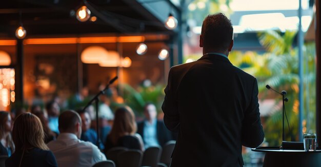 Foto orador corporativo dirigiéndose a la audiencia en el evento