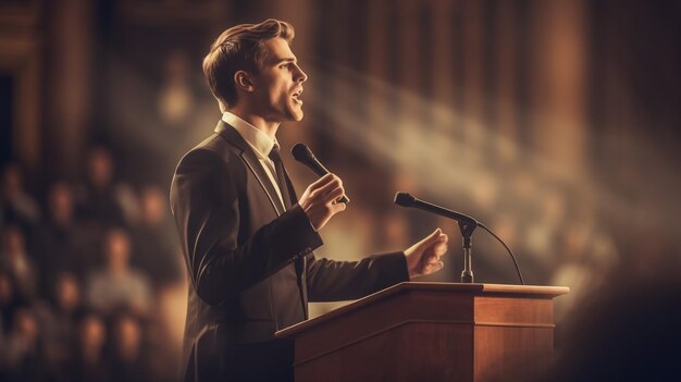 Orador dando una charla en una conferencia de negocios corporativos Personas irreconocibles en la audiencia en la conferencia