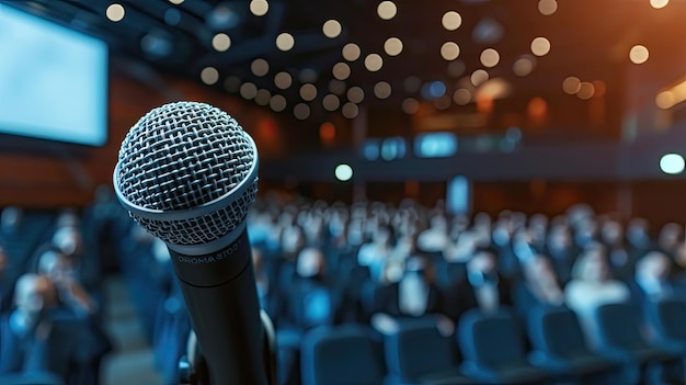 Orador de voz de microfone com audiências ou estudantes em sala de aula de seminário