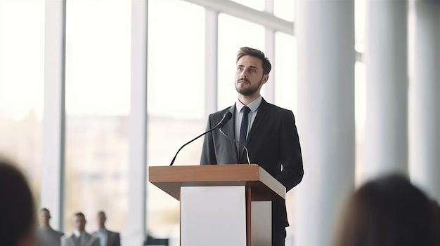 Orador de empresario dando charla en el podio en la conferencia de negocios IA generativa