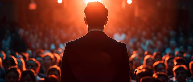 Orador del evento Captando a la audiencia con un foco en el escenario que irradia profesionalismo