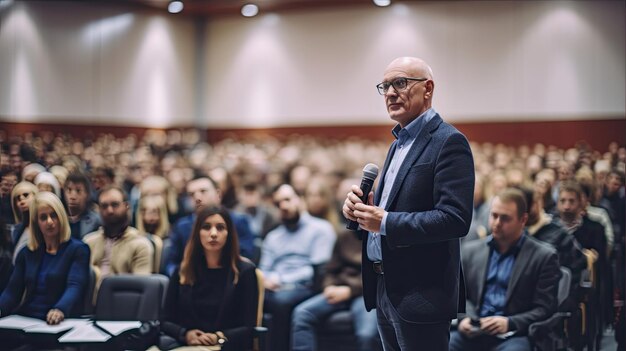 Un orador masculino haciendo una presentación en la sala de un taller universitario Audiencia o sala de conferencias Formación Generativa Ai