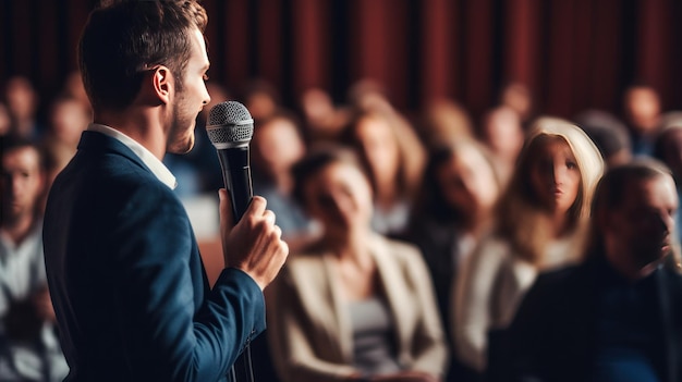 Foto un orador masculino con micrófono frente a la audiencia música de comedia y actuación en vivo de teatro seminario o conferencia