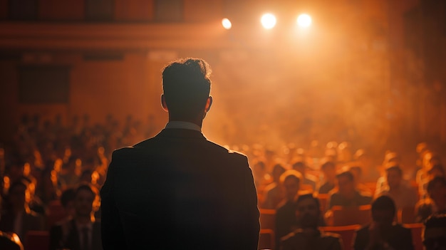 Orador motivador que atrae a la audiencia en el Seminario de Éxito