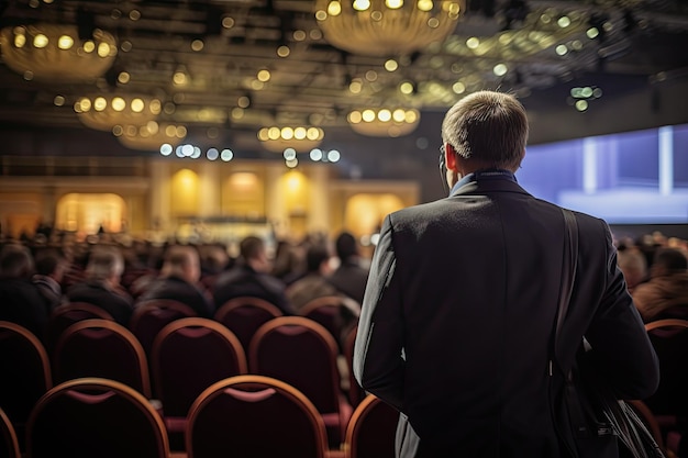 Orador na Conferência de Negócios e Apresentação Audiência na sala de conferências Negócio e Empreendedorismo Vista traseira de um cameraman com uma câmera digital profissional na frente AI Gerado