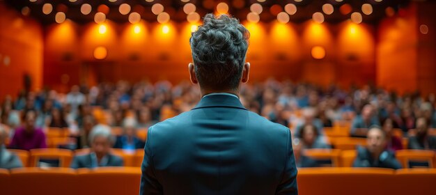 Foto orador profissional em conferências de negócios e apresentação vista por trás da audiência