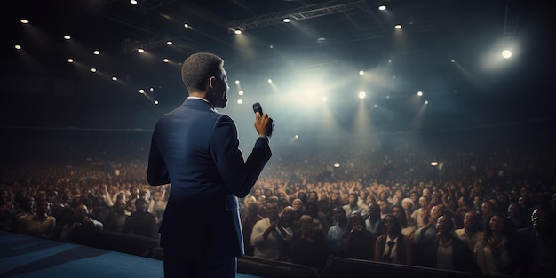 Orador se apresentando no palco com spotlight falando com muitas pessoas na audiência profissional do evento