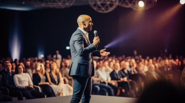 Orador se apresentando no palco com spotlight falando com muitas pessoas na audiência profissional do evento