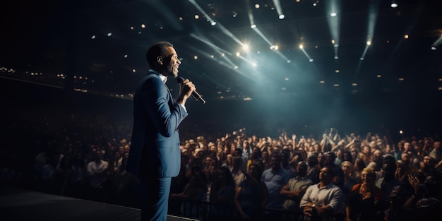 Orador se apresentando no palco com spotlight falando com muitas pessoas na audiência profissional do evento