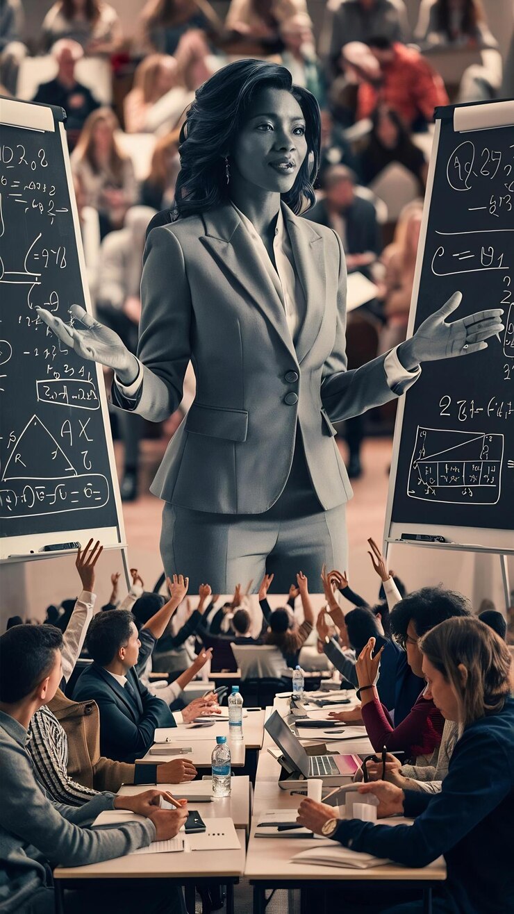 Foto oradora afroamericana haciendo una presentación en el salón de un taller universitario
