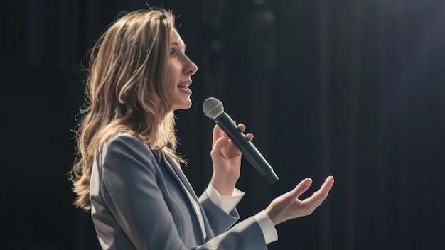 Foto una oradora entusiasta atrae a la audiencia bajo los reflectores en el escenario