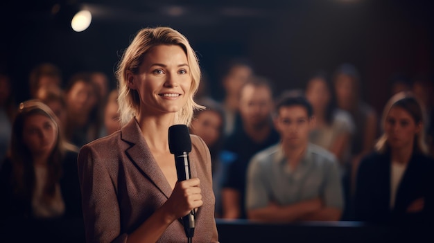 oradora mujer que actúa en el escenario y habla ante una gran audiencia profesional de eventos