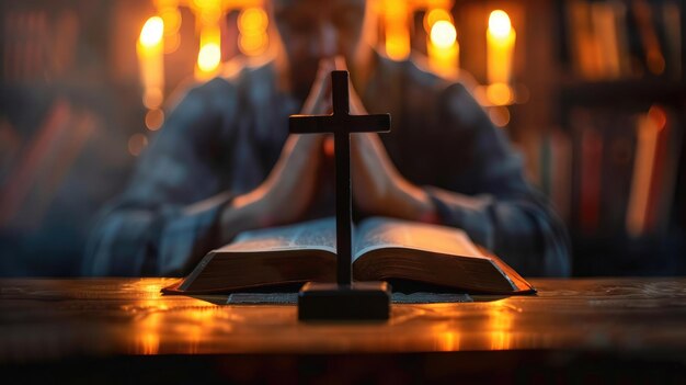 Foto orando com a bíblia e segurando um crucifixo religioso no fundo