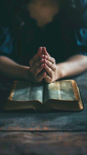 Foto orando a dios con la biblia en la mesa