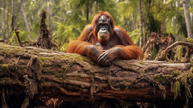 Foto orang-utan auf einem verbliebenen baumstamm verwüstung durch abholzung generative ki