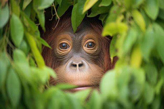 Orang-Utan späht durch einen Vorhang aus grünen Blättern