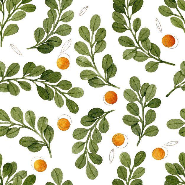 Orange Beeren und niedliche grüne Blätter und Zweige nahtlose Muster botanische Illustration