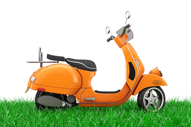 Orange Classic Vintage Retro o scooter eléctrico en hierba verde sobre un fondo blanco Representación 3d