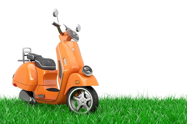 Orange Classic Vintage Retro o scooter eléctrico en hierba verde sobre un fondo blanco Representación 3d