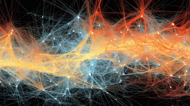 Orange-gelbes und blaues neuronales Netzwerk auf schwarzem Hintergrund