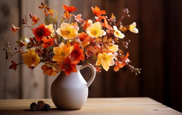 Orange Herbstblumen in einer Vase und eine angezündete Kerze auf einem hölzernen rustikalen Hintergrund