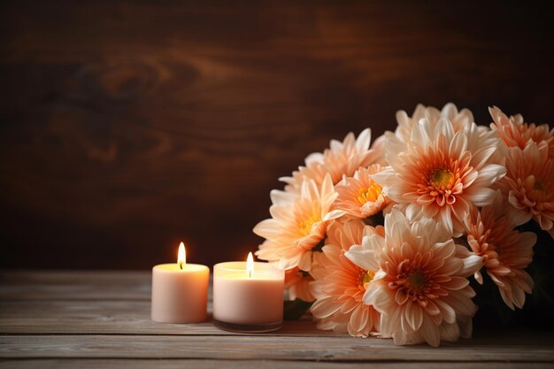 Orange Herbstblumen in einer Vase und eine angezündete Kerze auf einem hölzernen rustikalen Hintergrund