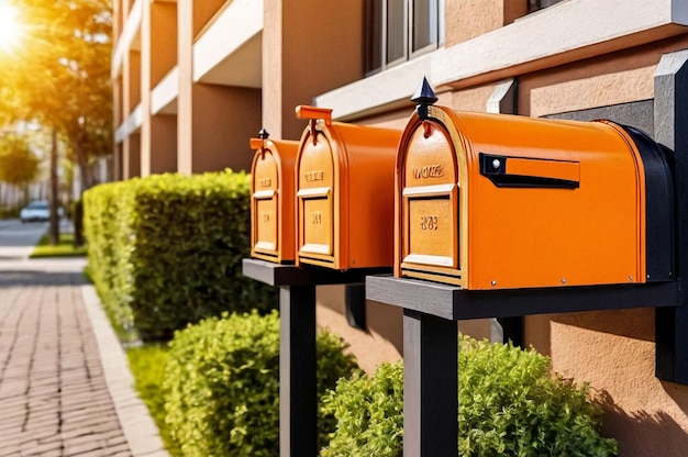 Orange hölzerne Briefkasten in einem Wohnhaus im Freien Moderne nummerierte Briefkasten im Freien