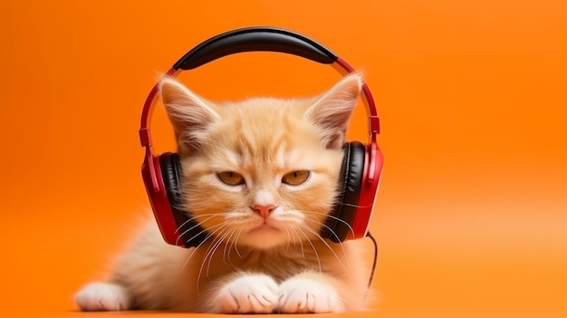 Orange Katze mit einem wütenden Gesicht mit Kopfhörern hört Musik auf einem orangefarbenen Hintergrund