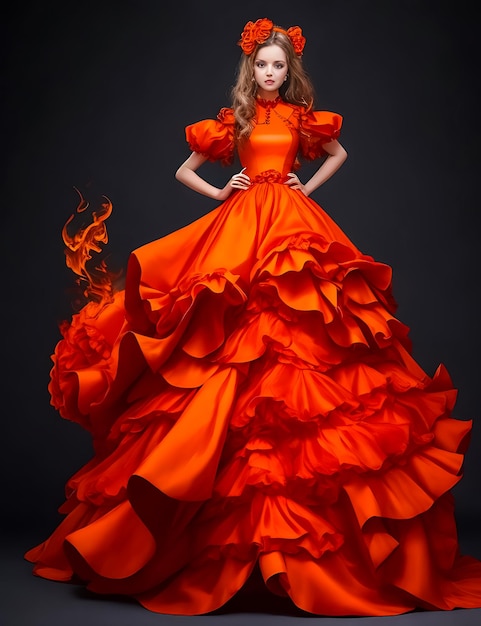 Orange Kleid mit Foto, volles Kleid und Kleid, lächelndes süßes Mädchen