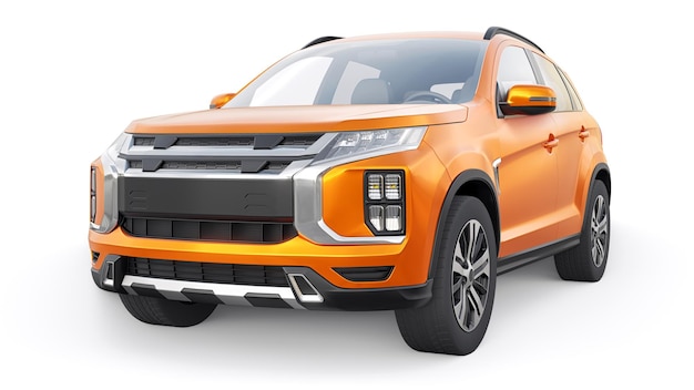 Orange kompakter städtischer SUV auf einem weißen einheitlichen Hintergrund mit einem leeren Körper für Ihr Design 3D-Rendering