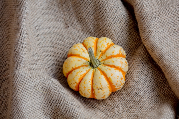 Orange Kürbis auf zerknittertem Sackleinen.