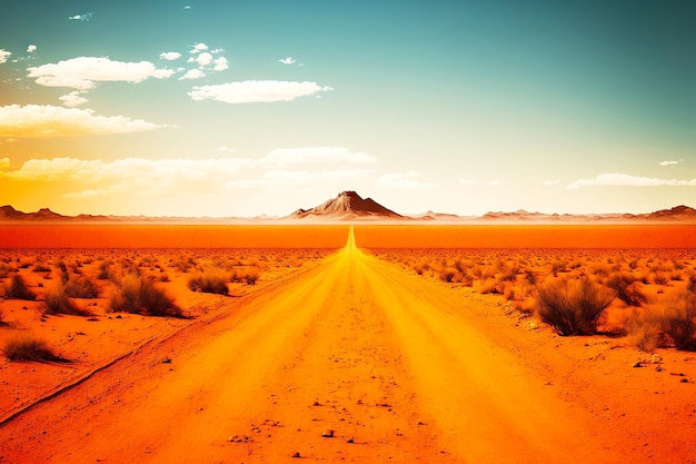 Orange leere Straße jenseits des Horizonts zwischen trockenen Wüsten
