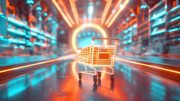 Foto orange leuchtende leuchtende einkaufswagen für 3d-rendering virtuelles e-shopping-konzept in einem hellen