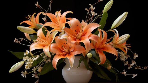 Orange Lilienarrangement auf schwarzem Hintergrund