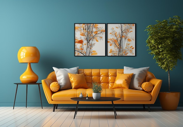 Orange_loveseat_sofa_and_barrel_chair_against_of_blu