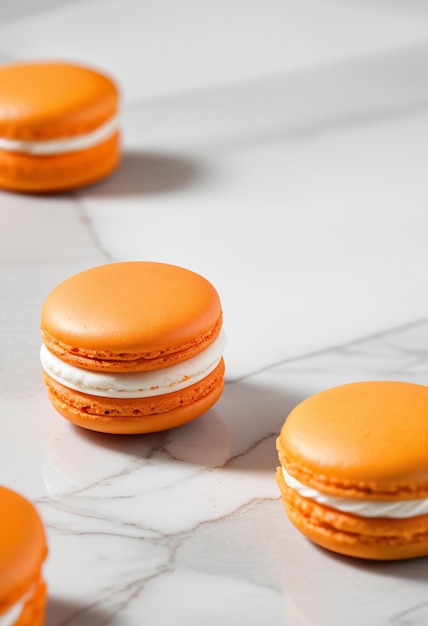 Orange Macarons mit weißer Sahne auf Marmorboden