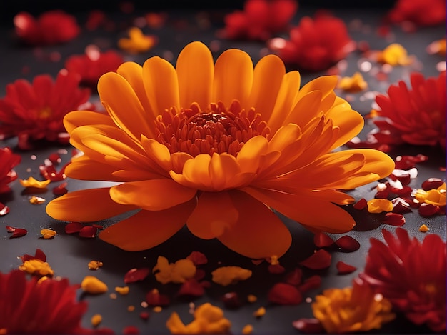 Orange Marigoldblumen auf dunklem Hintergrund 3D-Illustration