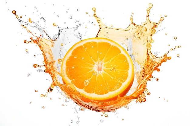 Orange mit isolierten Spritzen auf weißem Hintergrund