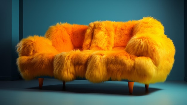 Foto orange pelz-sofa auf blauem hintergrund eine kühne und groovy künstlerische kreation