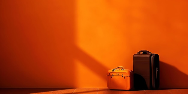 Orange Reisekoffer auf orangefarbenem Hintergrund Reise-Konzept Generative KI