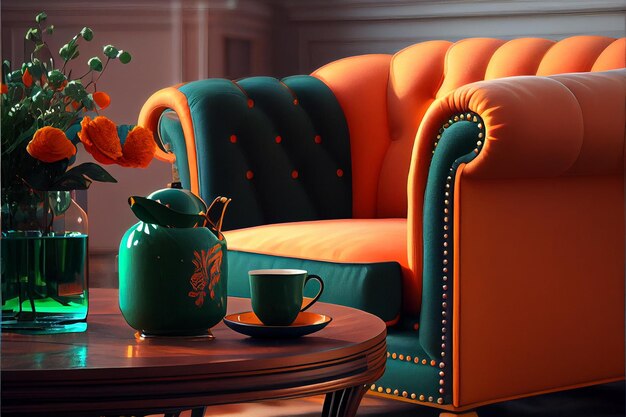 Orange Sessel mit grünem Couchtisch Wohnzimmer Innenarchitektur