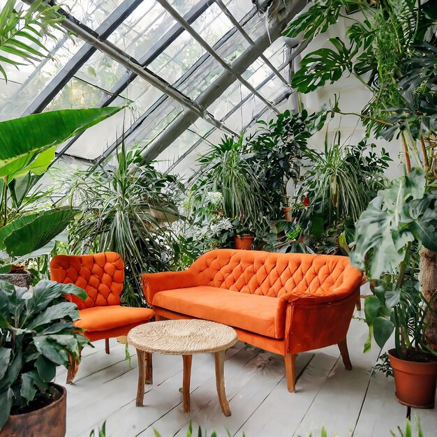 Foto orange sofa und orange stuhl im gewächshaus