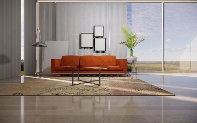 Orange Sofa Wohnzimmer Interieur mit Plakaten an der Wand