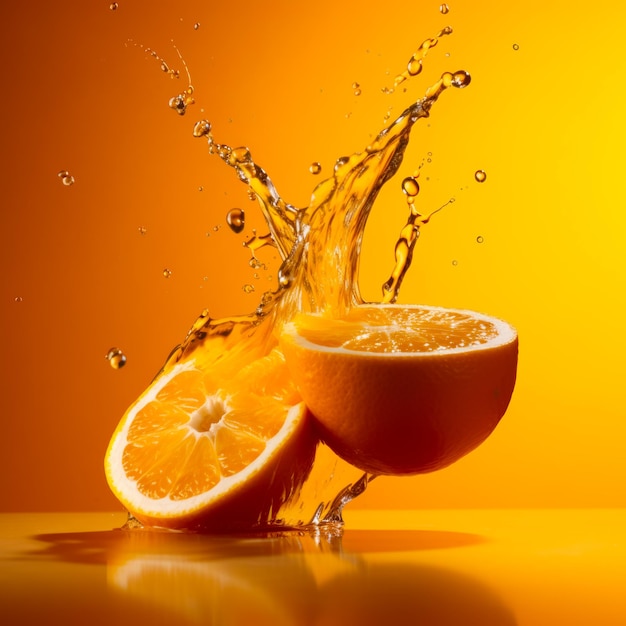 Orange spritzt ins Wasser auf gelbem Hintergrund mit Wasserspritzern darauf Generative KI
