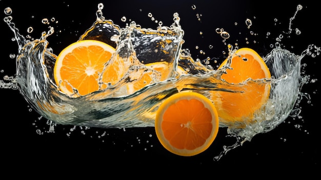 Orange spritzt mit Orangenscheibe ins Wasser