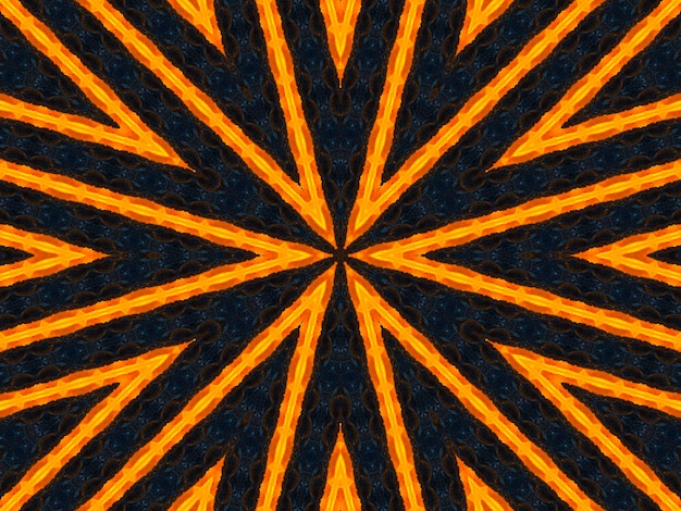 Orange Strahlen Sterne auf schwarzem Retro-Strukturmuster 70er Abstrakter einzigartiger Kaleidoskop-Hintergrund Schönes Kaleidoskop-nahtloses Muster Nahtlose Kaleidoskop-Textur