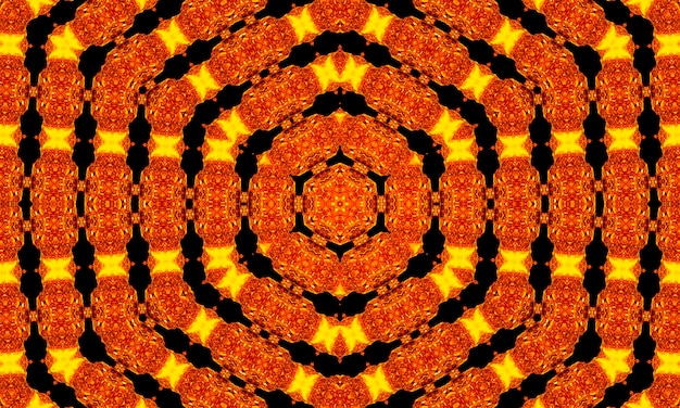 Orange Strahlensterne auf schwarzem Retro-strukturiertem Muster der 70er Jahre. Abstrakter einzigartiger Kaleidoskophintergrund. Nahtloses Muster des schönen Kaleidoskops. Nahtlose Kaleidoskop-Textur