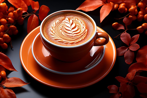 Orange Tasse Kaffee und rote Blätter Herbstkomposition im Tageslicht Kopierraum für Text Generative KI