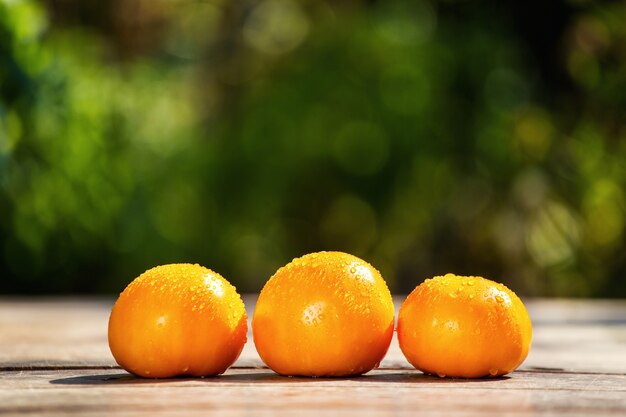 Orange tomaten auf dem tisch auf einem grünen hintergrund